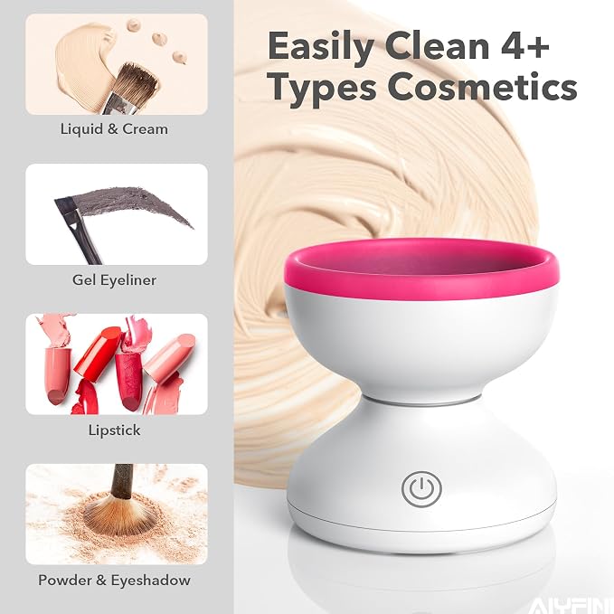 Alyfini Makeup Brush Cleaner Machine + Cleanser Solution Combo, Powerful for Tough Residue on Make Up Brushes/Sponges/Puffs