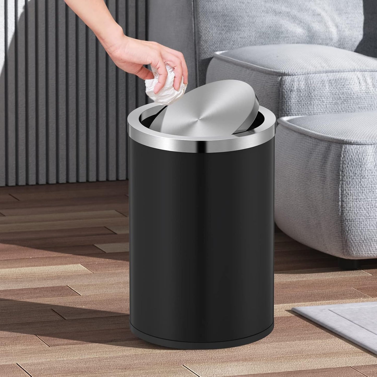 Mbillion Small Trash Can with Swing Lid 4 Gallons/15 Liter, Mini Trash Can with lid, Stainless Steel Cylindrical Garbage Can for Home and Office, for Ground and Desktop(Black)