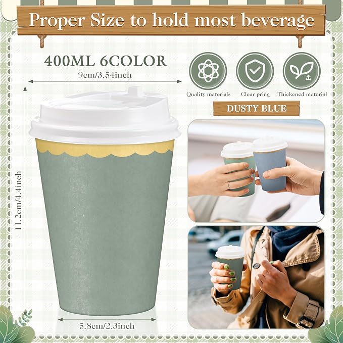 Willinglong 60 Pcs Fall Disposable Paper Cups with Lids 12oz Thanksgiving Coffee Cups with Golden Lace Drinkware for Birthday Baby Shower Bride Holiday Party Business Events DIY Supplies(Dusty Blue)
