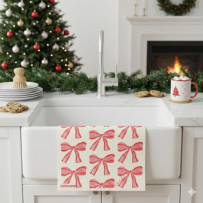 Holiday Swedish Dishcloth, Reusable Paper Towel, Super Absorbent Cellulose Sponge, Washable Kitchen Cleaning Cloth (Red Ribbons - Christmas & Valentine’s - 1 Pack)