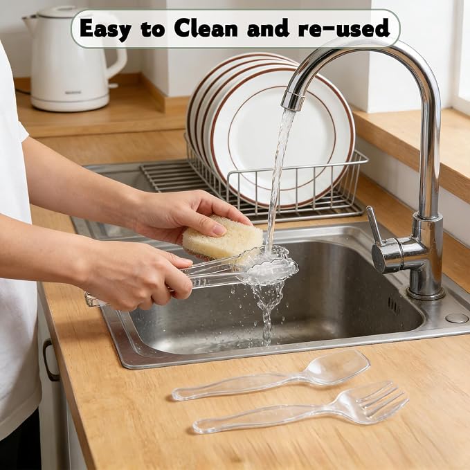 40 Pcs Large Plastic Serving Utensils Set - Serving Tongs, Serving Forks, Serving Spoons - Heavy Duty Disposable Serving Utensils for Parties, Buffet, Catering Supplies (Clear, 40 Pcs)