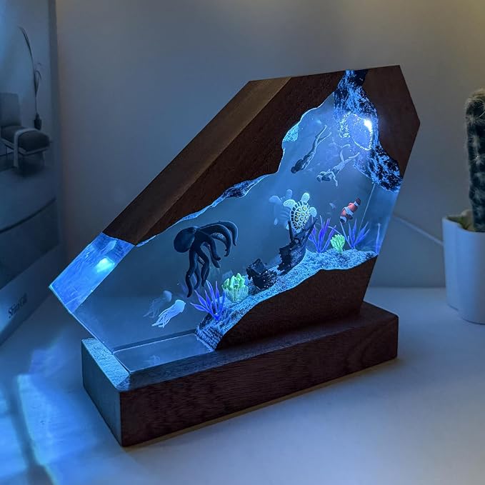 Handcrafted Octopus Resin Lamp, RGB Ocean Night Light with Wooden Base,Ocean Decor for Home Office, Scuba Diving Gifts for Him & Her, Unique Birthday & Valentine's Day Gifts (L 10"X6")
