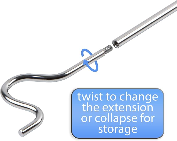 Closet Reacher Pole with Hook and Wooden Handle, Heavy Duty - Adjustable 2.75-5 Feet, Chrome Plated Steel Clothing Hanger Shepherds Hook to Easily Reach Clothes etc - Perfect for College Dorm