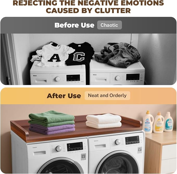 FAHKNS Washer Dryer Countertop - Wood Laundry Washer Dryer Topper with Anti-Slip Mat, 54" Width Waterproof Laundry Room Organization, Light & Save Space, Walnut