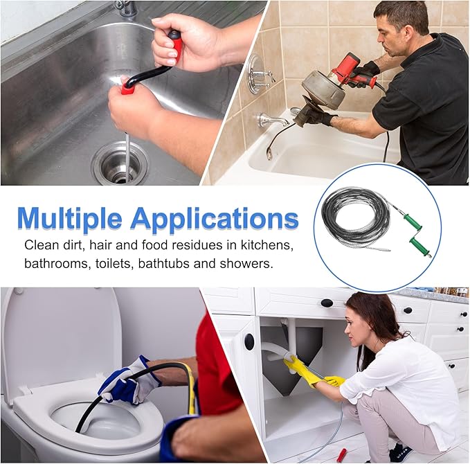 HARFINGTON Plumbing Drain Auger 3/8" (10mm) Dia. 65.7ft Manual Toilet Snake Flexible Drain Cleaner Tool with Drill Connector Spring Unclog Hair for Bathroom Kitchen Toilet Bathtub Sewer Sink
