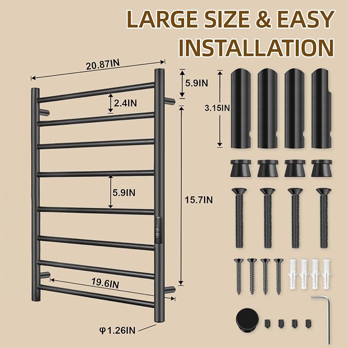 Towel Warmers for Bathroom, Electric Heated Towel Rack Wall Mounted, Hot Storage Rack with Built-in Timer, Stainless Steel, 8 Bars, Plug-in, Fast Heating, Black