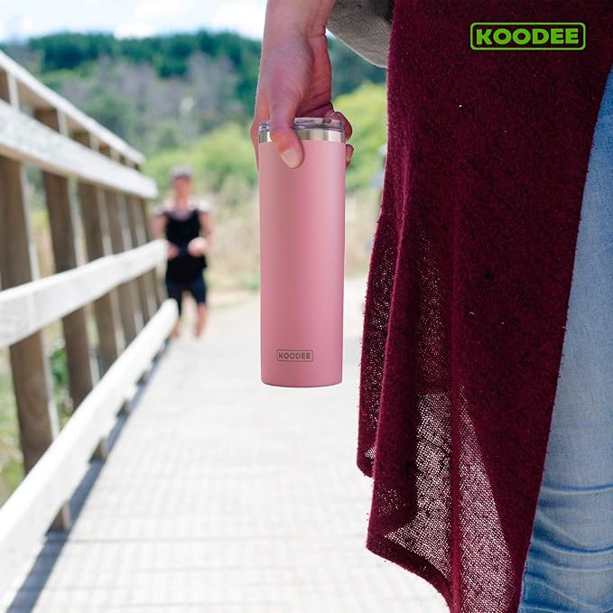 koodee 20 oz Stainless Steel Skinny Tumbler Double Wall Insulated Slim Water Tumbler Cup with Lids and Straw (Pink)