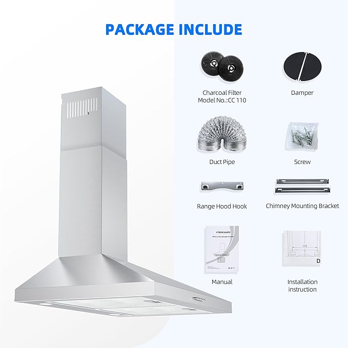 FIREGAS Range Hood 30 Inch, Stainless Steel Wall Mount Kitchen Hood 450 CFM with 3 Speed Exhaust Fan, Ducted/Ductless Convertible, Stove Vent Hood with Aluminium Mesh and Charcoal Filters