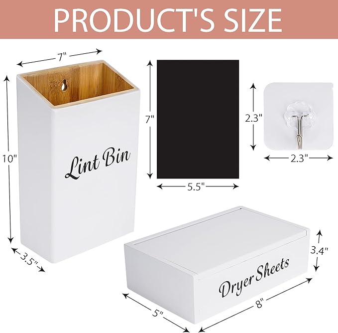FJO Magnetic Lint Bin 10’’ x 7’’ and Dryer Sheet Holder 8’’ x 5’’ , Wall Mounted Bamboo Wood Trash Can Compact Size Laundry Room Accessories Supplies