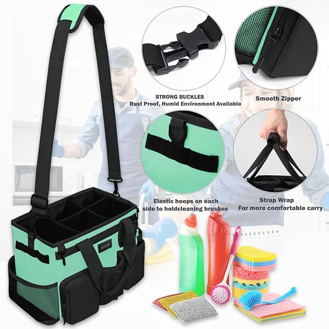 Wearable Cleaning Caddy Bag,Cleaning Supply Tote for Cleaning Supplies, Cleaning Organizer with Adjustable Shoulder and Waist Straps for Cleaners Housekeepers (Lake Green and Black, Large)