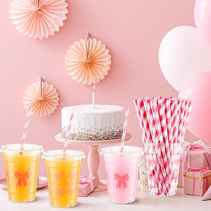 Yaomiao 100 Pcs Pink Bow Plastic Cups 12oz Disposable Clear Pink Plastic Cups with Lids and Straw Cute Bow Cup Bulk Birthday Wedding Party Favors Supplies for Cold Beverage