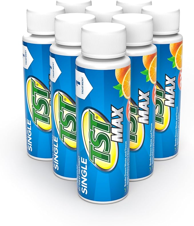 Camco TST MAX RV Toilet Treatment - Formaldehyde Free - Breaks Down Waste And Tissue - Septic Tank Safe - Treats up to 8-40 Gallon Holding Tanks -Orange Scent, (8) 4 oz Bottles (41191)