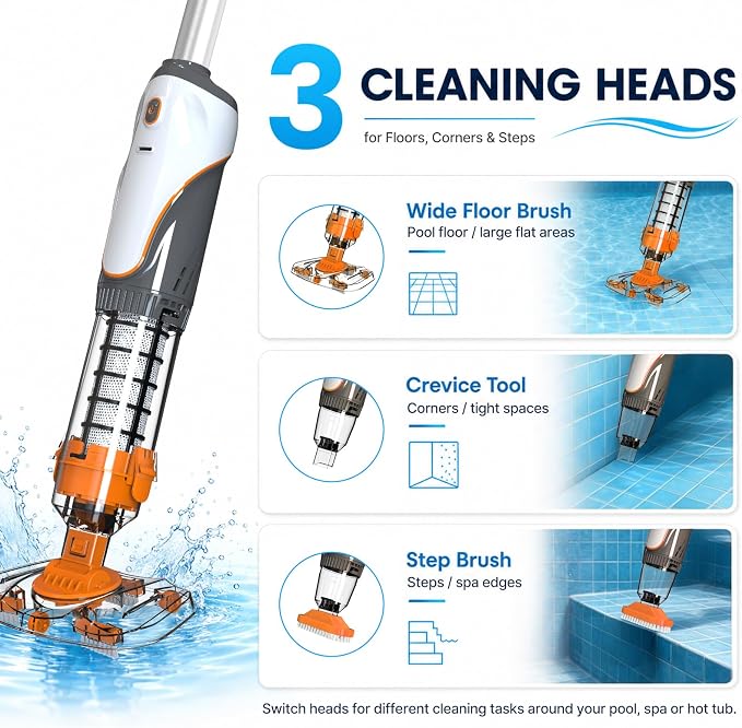 Cordless Pool Spa Vacuum Cleaner Rechargeable Handheld Pool Vacuum with 60-Min Runtime Dual Filtration 3 Cleaning Heads Telescopic Pole for Sand Leaves Hot Tubs Above Ground & Small Pools (Orange)