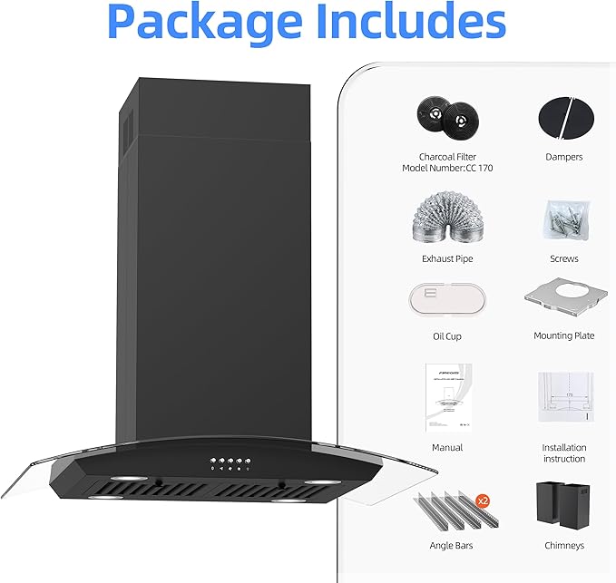 FIREGAS Black Island Mount Range Hood 30 inch with 700 CFM, Ceiling Mount Kitchen Vent Hood Ducted/Ductless Convertible, 4 LED Lights, 3 Speed Exhaust Fan, 2 charcoal fiters, Black
