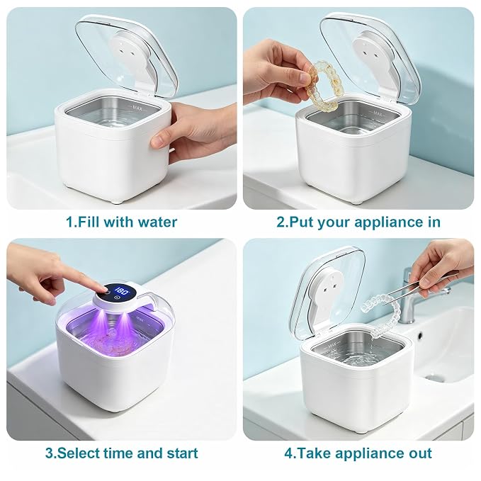Ultrasonic Retainer Cleaner Machine for Dentures, 350ml Denture Cleaner with Wide Opening Tank for Clear Aligners, Mouth Guards & Dental Appliances, Removes Stains & Buildup, 5 Cleaning Modes