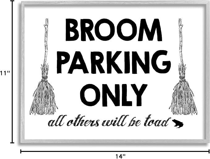'Broom Parking Witty Halloween Witch Phrase'| Framed Giclee Art | Stupell Industries | Gray, 14 x 11 Inches, Easy to Hang and Sturdy, Made in USA, by Lettered and Lined