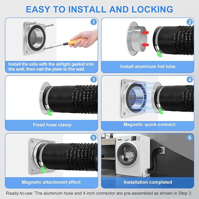 Magnetic Dryer Vent Connector Kit, DV180 Airtight Seal Magnetic Dryer Vent Coupling, Easy to Clean Dryer Vent Hose Quick Connector Including a 3.28ft 4" Duct & 2 Clamps