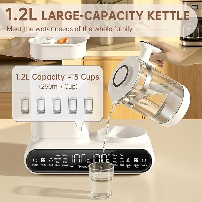 16-in-1 Fast Baby Bottle Warmer with Timer for Breastmilk & Formula | Hot Air Dry, 1.2L Electric Kettle, Precise Temp Control, Thaw, Steam Clean, Keep Warm, Heat Food, Food Grade Material