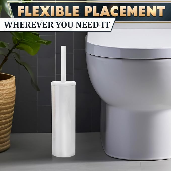 Stainless Steel Toilet Brush and Holder Set White - Long Handle Toilet Bowl Cleaner Brush and Holder - Removable Inner Liner, Shiny Design, Splash Protection & Dense Bristles for Bathroom Cleaning