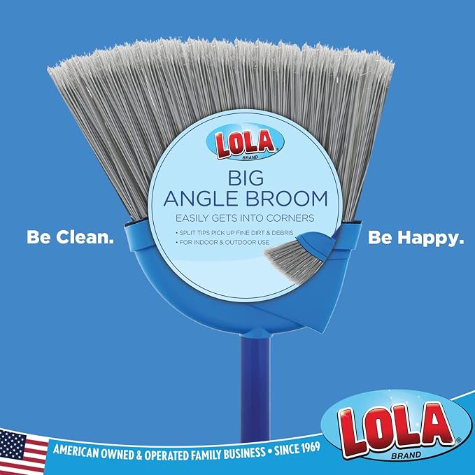 Angle Broom, Indoor, 13" W, Large Style - Made w/Recycled Soda Bottle Bristles & High Gloss Resin Coated Steel 4-Piece Handle, by LOLA, 1 Pack