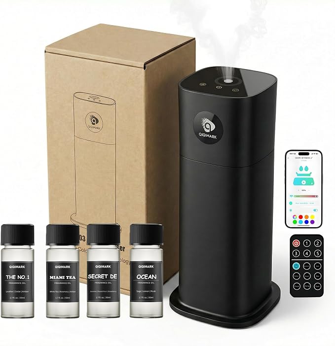 Waterless Aroma Diffuser, Large Capacity Essential Oil Diffuser with Dual Atomizing Cores, Smart Control for Large Spaces, Black (Waterless Scent Diffuser)