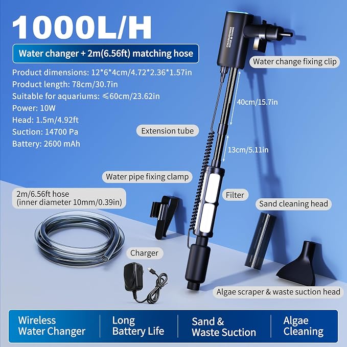 Cordless Gravel Vacuum Aquarium Cleaner,6-in-1 Automatic Fish Tank Cleaning Tools 2600mah Rechargeable Fish Tank Vacuum for 5-10 Gallon Small Tanks Change Water Wash Sand(10w)