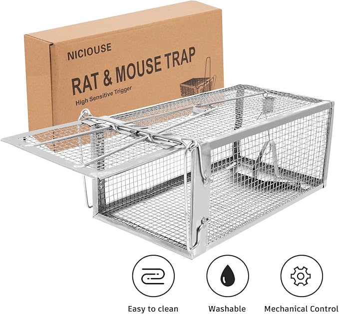 Humane Rat Trap - Catch & Release Chipmunks,Rats & Mice,Live Mouse Trap for Indoor & Outdoor Use , No-Kill Rodent Trap for Home, Yard, Garage ,Reusable Metal Cage 10.5"x5.5"x4.5"(2pack)