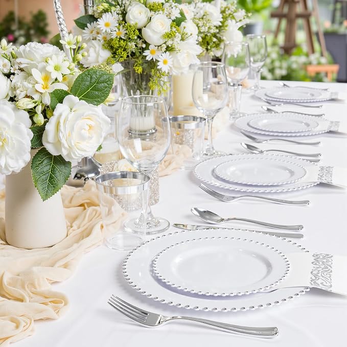 LIYH 350 Pcs Plastic Dinnerware Set for 50 Guests - White Silver