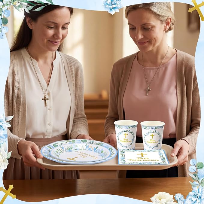 Pickmesh 250 Pcs Blue First Holy Communion Disposable Tableware Set God Bless Baptism Disposable Paper Plates Napkins and Cups for Boys Christening Celebration Baby Shower Religious Supplies Serve 50