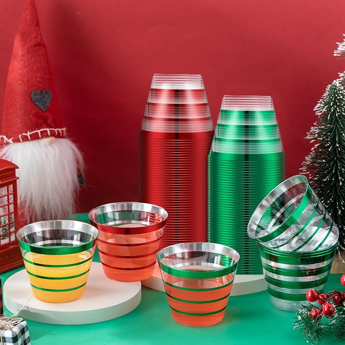 Gejoy 9 oz 200 Pcs Christmas Rimmed Stripe Plastic Cups Bulk Disposable Wine Hard Plastic Drinking Cocktail Cups Tumblers for Wedding Gathering Party Supplies(Red and Green)