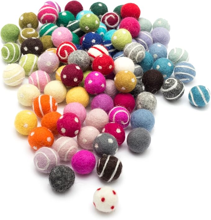 Glaciart One Felt Pom Poms, Wool Felt Balls with Swirls & Dots (90 Pieces) 2 cm – 0.8 Inch, Handmade Felted 30 Color (Red, Pink, Blue, Yellow, Pastel and More) Bulk Small Puff for Felting and Garland