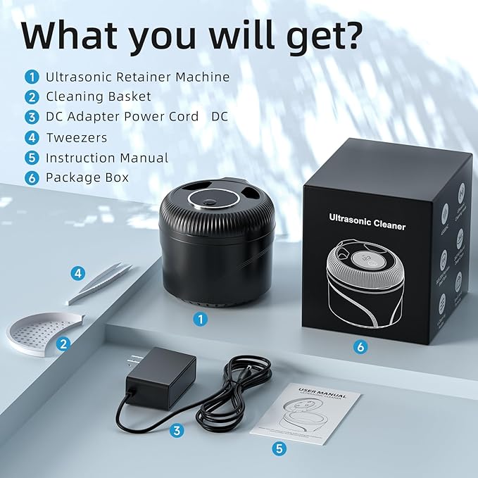 Ultrasonic Retainer Cleaner, 45kHz Retainer Cleaner Machine for Dentures, Mouth Guards, Aligner, Toothbrush Heads, Jewelry, 4 Modes Denture Cleaner with Digital Timer & 200ML Dental Cleaning Pod