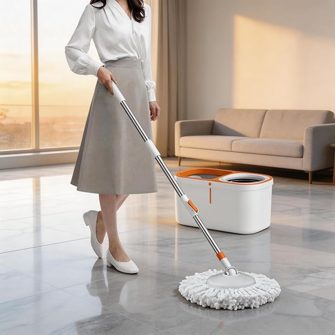 Floor Spin Mop and Bucket Set with Wringer System Extended Stainless Steel Handle 61"for Home Floor Cleaning Use with 5 Replacement Head Refill and 1 Cleaning Brush Head