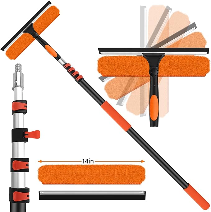 14" Window Squeegee with Extension Pole,26FT Reach High Window Washers for High Outside Windows,Professional Window Cleaning Tool Kit Include Replacement,180°Rotatable Squeegee for Indoor/Outdoor