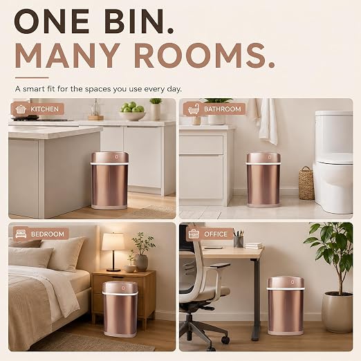 Motion Sensor Trash Can, 15L Touchless Automatic Garbage Can with Lid, Stainless Steel for Kitchen, Bathroom, Office, Quiet Soft-Close, Long Battery Life, Champagne Gold