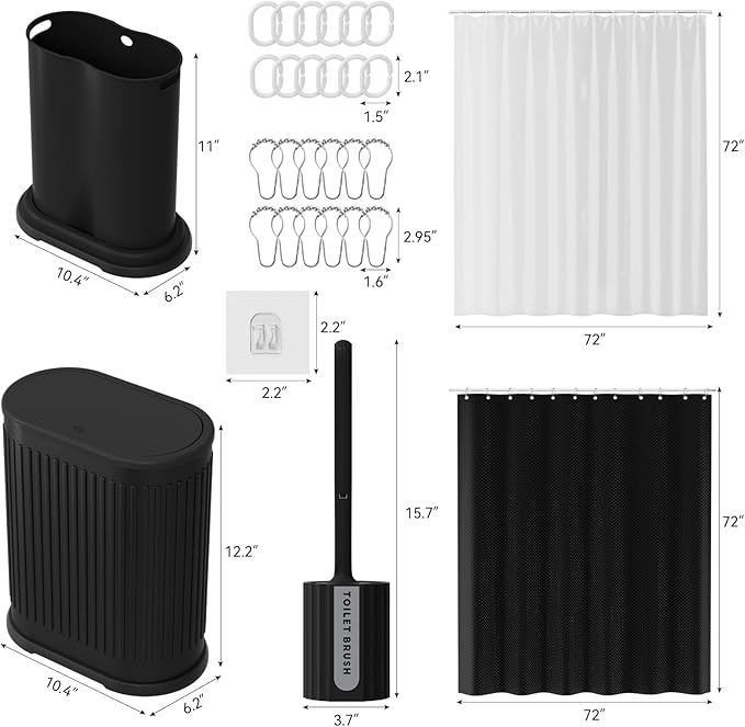 Stainless Steel Bathroom Trash Can and Toilet Brush Set,1.6 Gallon Small Trash Bin with Press Type Lid, Black Bathroom Sets with Shower Curtain and Liner for Bathroom