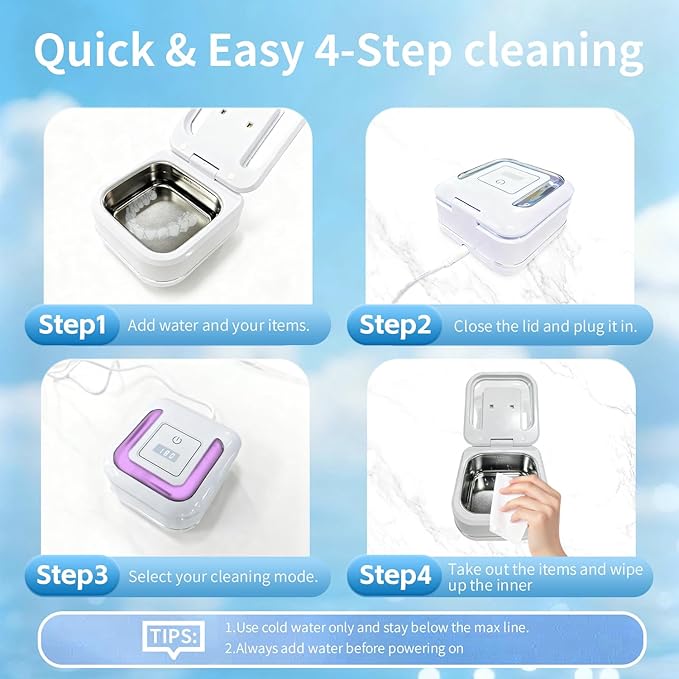 Ultrasonic Retainer Cleaner for Aligners, Mouth Guards & Dentures, 42kHz Compact Ultrasonic Denture Cleaner with Digital Timer, Portable Dental Cleaner for Home & Travel (White)