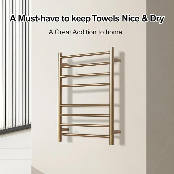Electric Heated Towel Warmer - Wall Mounted Bathroom Towel Rack, Plug-in Design & Brushed Stainless Steel Finish 8 Bar Gold with Single Press