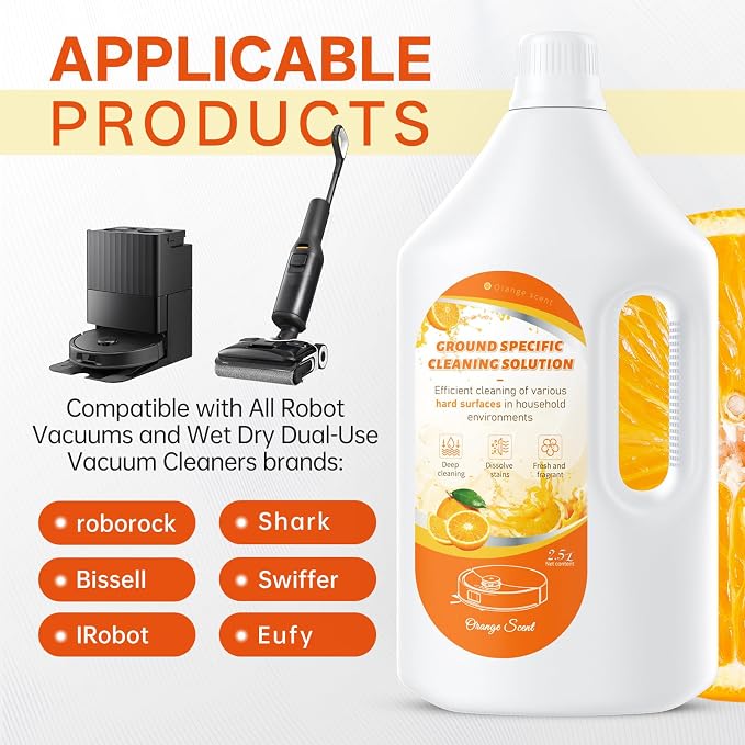 2.5 L Floor Cleaning Solution Orange Scent, Compatible with Roborock/Shark/Bissell/Swiffer/IRobot/Eufy Quick Drying Without Residue Suitable for All Robot Vacuums and Wet Dry Dual-Use Vacuum Cleaners