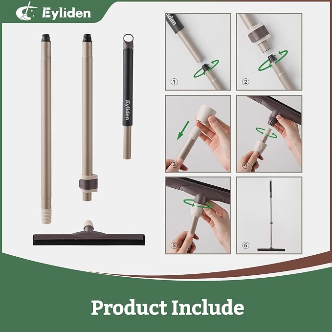 Eyliden Floor Squeegee for Water Removal, 17-inch EVA Dual-Layer Blade | Won’t Scratch Floors, Quick Water/Soap Removal in One Pass, for Kitchen, Bathroom, Tile, Hardwood, Telescoping Long Handle