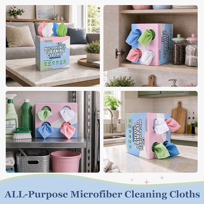 UNIMADE Microfiber Cleaning Cloth, 120 Pack Reusable Paper Towels Microfiber Towels for Cars Lint Free Shop Rags with for Home Kitchen Automotive, 11"x 9", White & Green & Blue & Pink