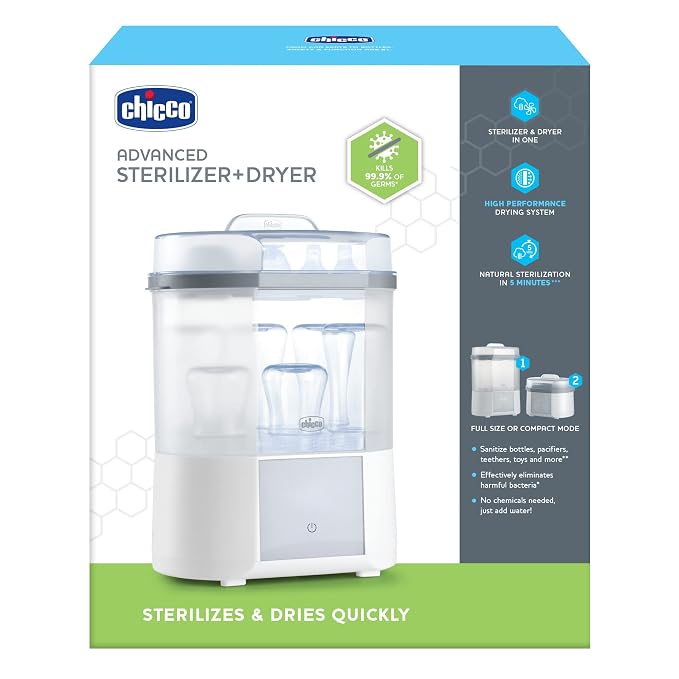 Chicco Advanced Electric Steam Sterilizer and Dryer for Baby Bottles, Pacifiers & Feeding Accessories, Kills 99.9% of Germs, Holds 6 Bottles, 4 Programs with Auto Dry & Delay Start, Auto Shut-Off