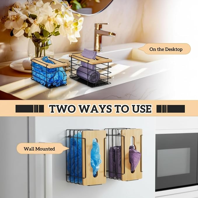 2 Pack Magnetic Trash Bag Holder Basket Garbage Bag Magnetic Dispenser Roll Holder with Bamboo Lid Kitchen Laundry Organizers and Storage Container for Laundry Room Kitchen