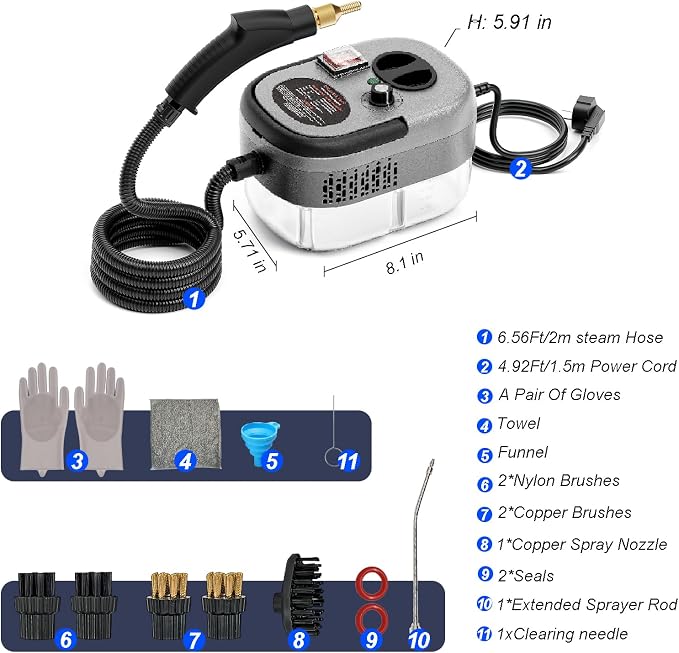 Portable High-Pressure Handheld Steam Cleaner, 14-Piece Accessories, 6 Steam Levels, 15s Heat-Up,chemical-free Cleaning Tile, Grout, Dirt, Grease & Car Detailing-Black