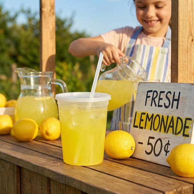 100 Set Lemonade Stand Supplies with Leak-proof 32oz Plastic Cups & Lids, Straws, Straw Hole Puncher - for Outdoor Drink Stall, Summer Party & Fast Food Business, Concession Business