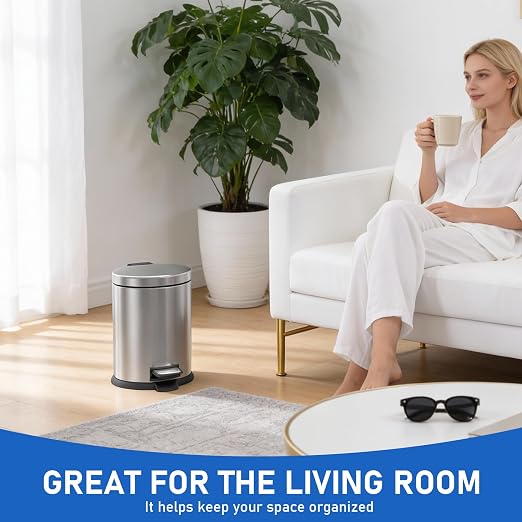 SIMPLYKLEEN Bathroom Trash Can with Lid - 4PC 1.3 Gallon/5L Oval Small Trash Can with Soft-Close Lid, Foot Pedal, Brushed Stainless Steel, Removable Liner, Garbage can for Kitchen, Office, Home Silver