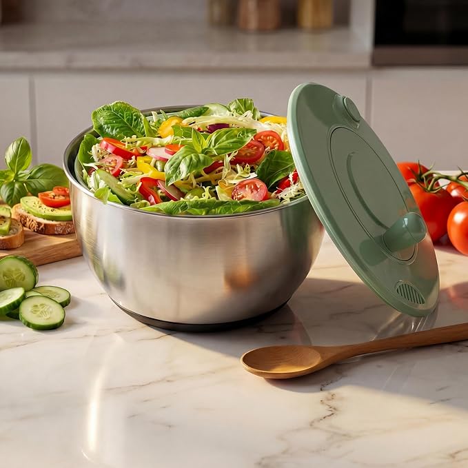 Salad Spinner with Slicer & Grater: Stainless Steel Salad Spinner, Lettuce Spinner with Drain, Non-Slip Base,Stop Button,Vegetable Dryer with 3 Blade Slicers, 1 Egg Yolk, 2 Strainer Shredders, 5.3 Qt