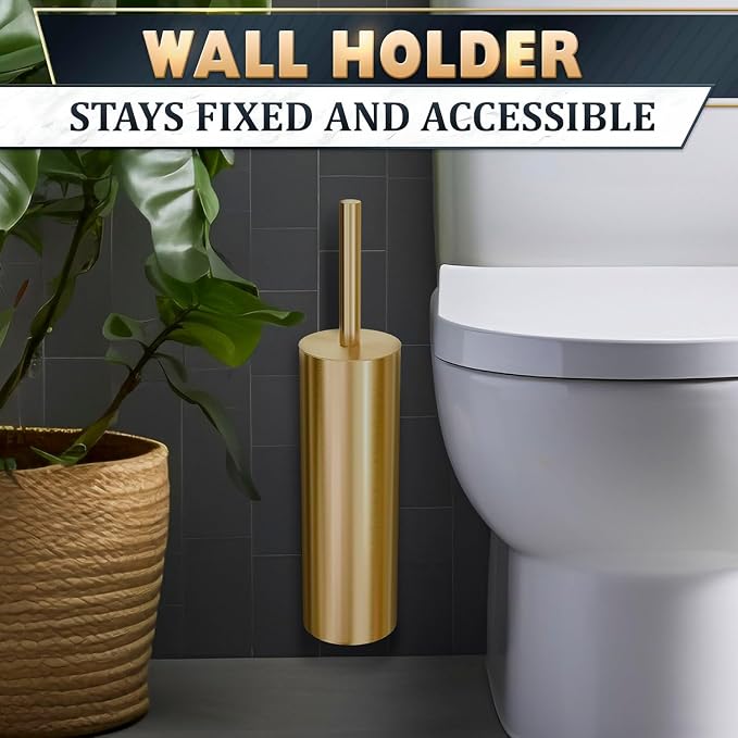 Gold Toilet Brush and Holder Set with Wall Mount - Modern Wall Mounted Toilet Brush Made from Corrosion-Resistant Stainless Steel - Removable Inner Bowl, Splash Protection & Dense Bristles Supplied