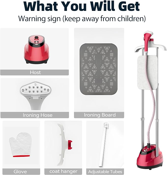 Upright Steamer for Clothes 1350W Turbo Boiler Standing Garment Steamer 1.6L Water Tank 1h Continuous Steam Flat&Hanging Ironing Double Retractable Rod 10 Modes 30s Fast Preheat for all Fabrics (RED)