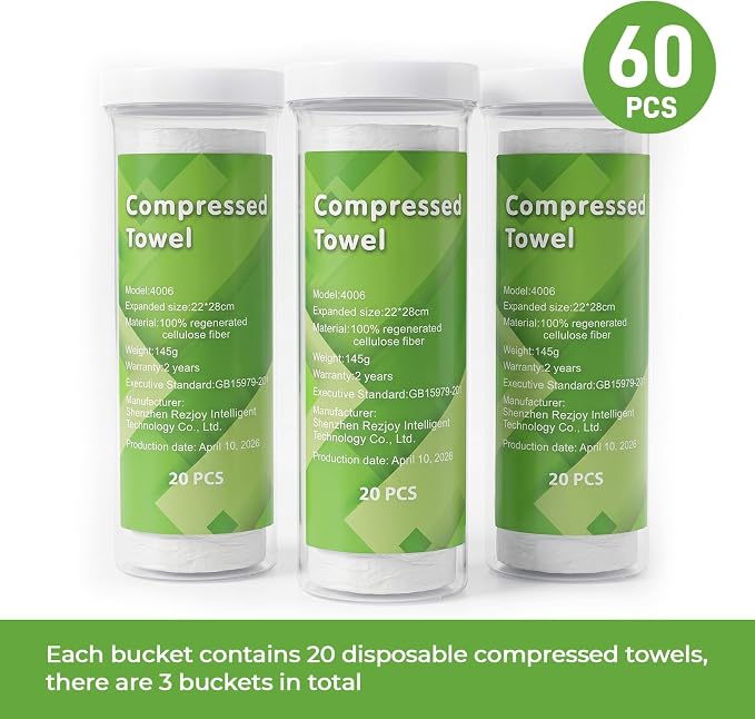 60 Pcs Compressed Face Towel Refills (3 Tubes) - 100% Viscose Fiber, Disposable Plant-Based Pucks for Hot Towel Dispenser and Smart Face Heater Machine, Daily Skincare Bathroom Spa